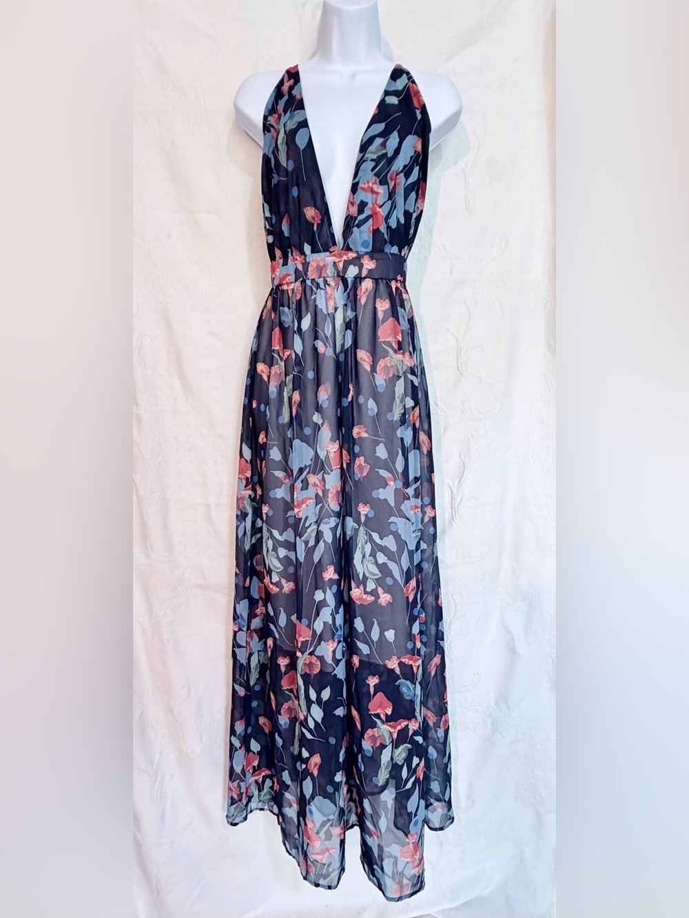 Source Unknown Navy Floral Maxi Dress with Coral and Light Blue Accents D0050